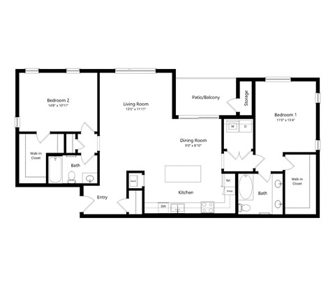 Floor plan for 2 beds, 2 baths, 1274 sqft
